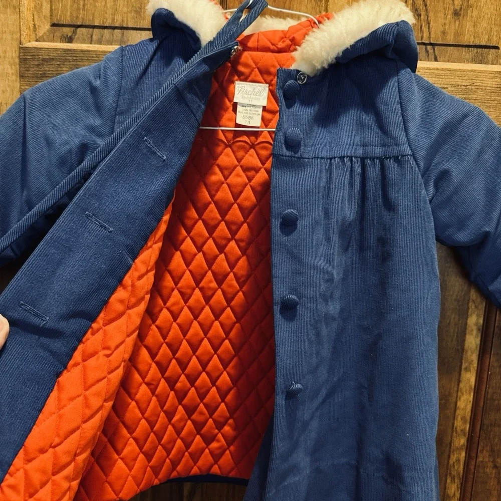 Vintage Fischel by Johnston Girls 3T Blue Corduroy Hooded Coat Muff Faux Fur